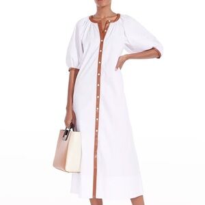Staud Vincent Dress white shirt dress with faux leather brown trim